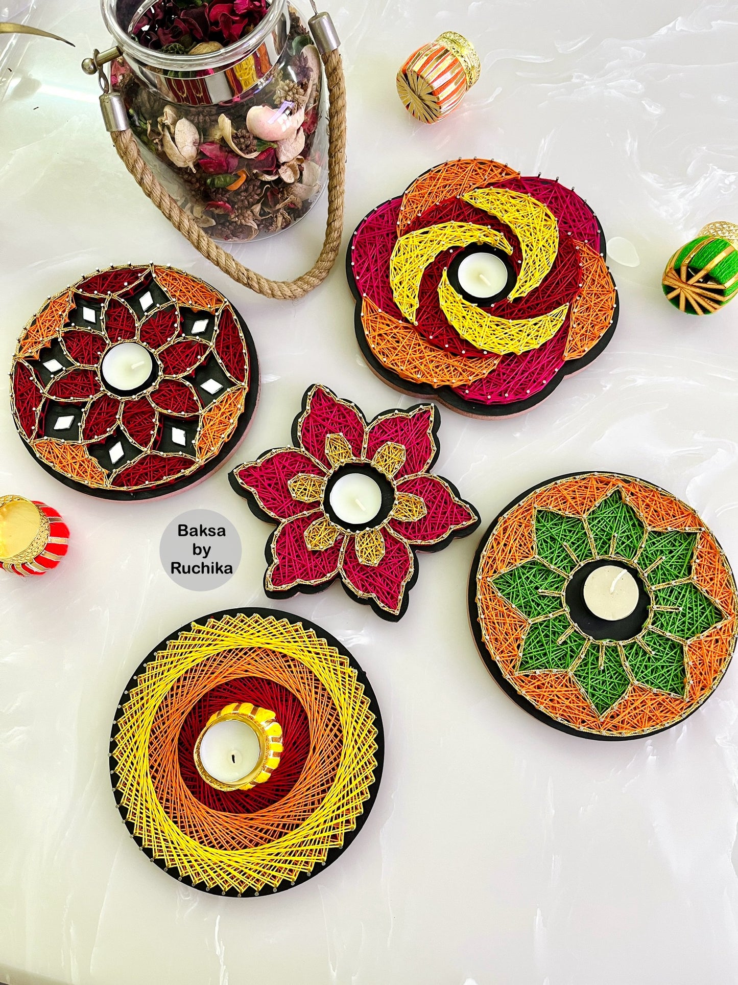 Colorful String Art Tealight Holder