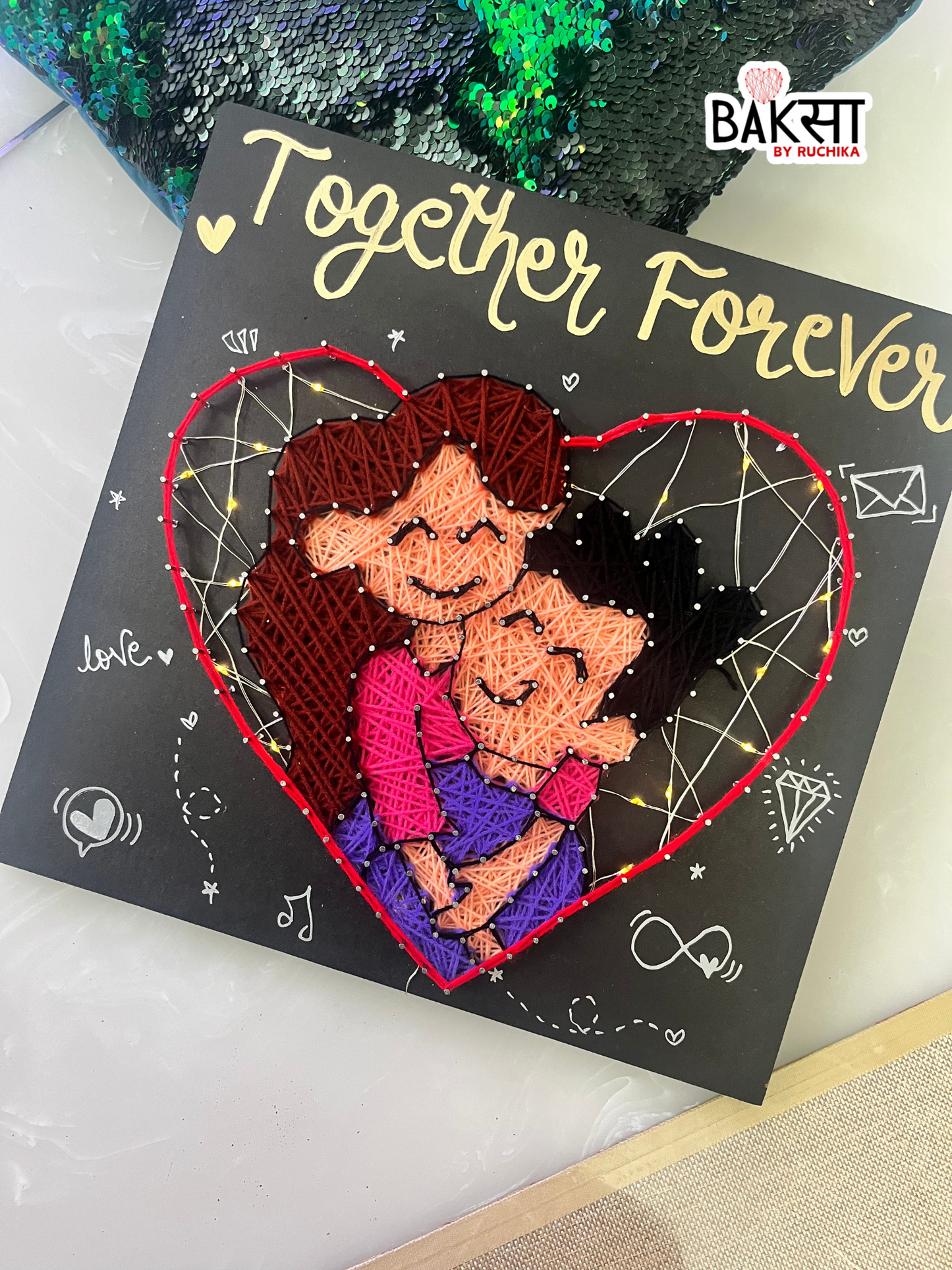 Couple Doodle with Customised Names String Art with Jar Lights