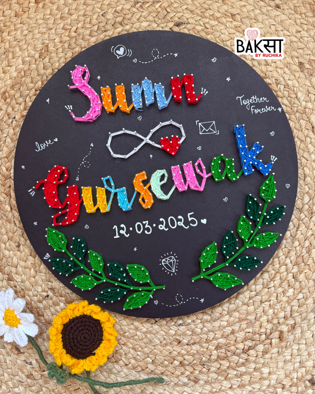 Customised Couple Names with Leaf Wreath String Art