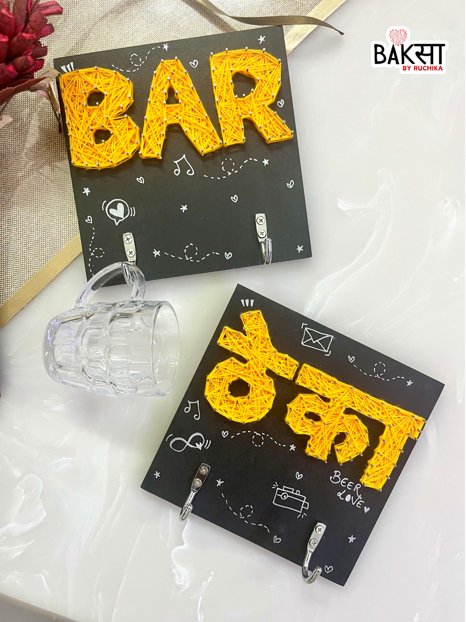 bar decor, beer mug holder, bar string art, in house bar decor