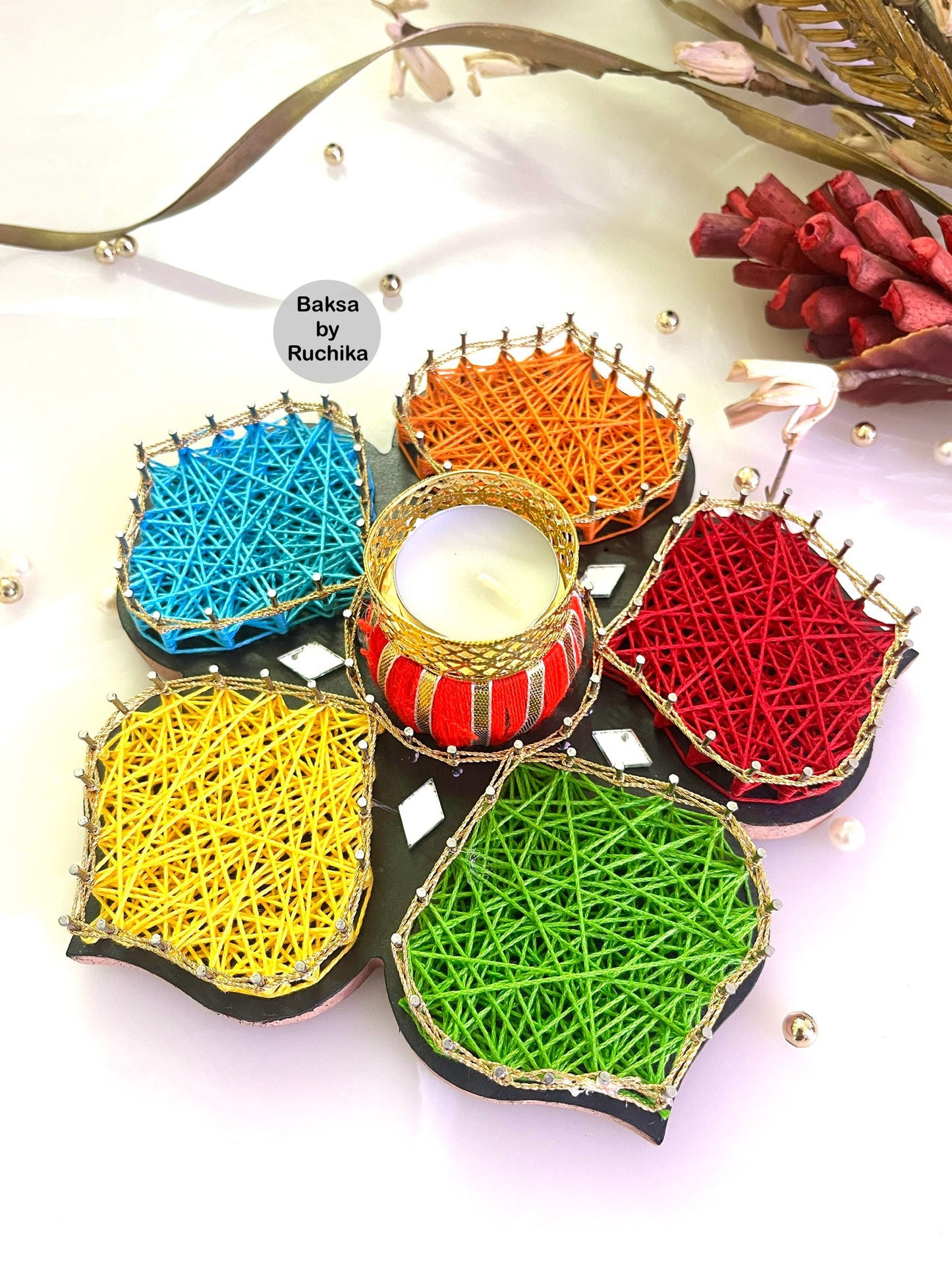 Colorful Flower String Art Tealight Holder