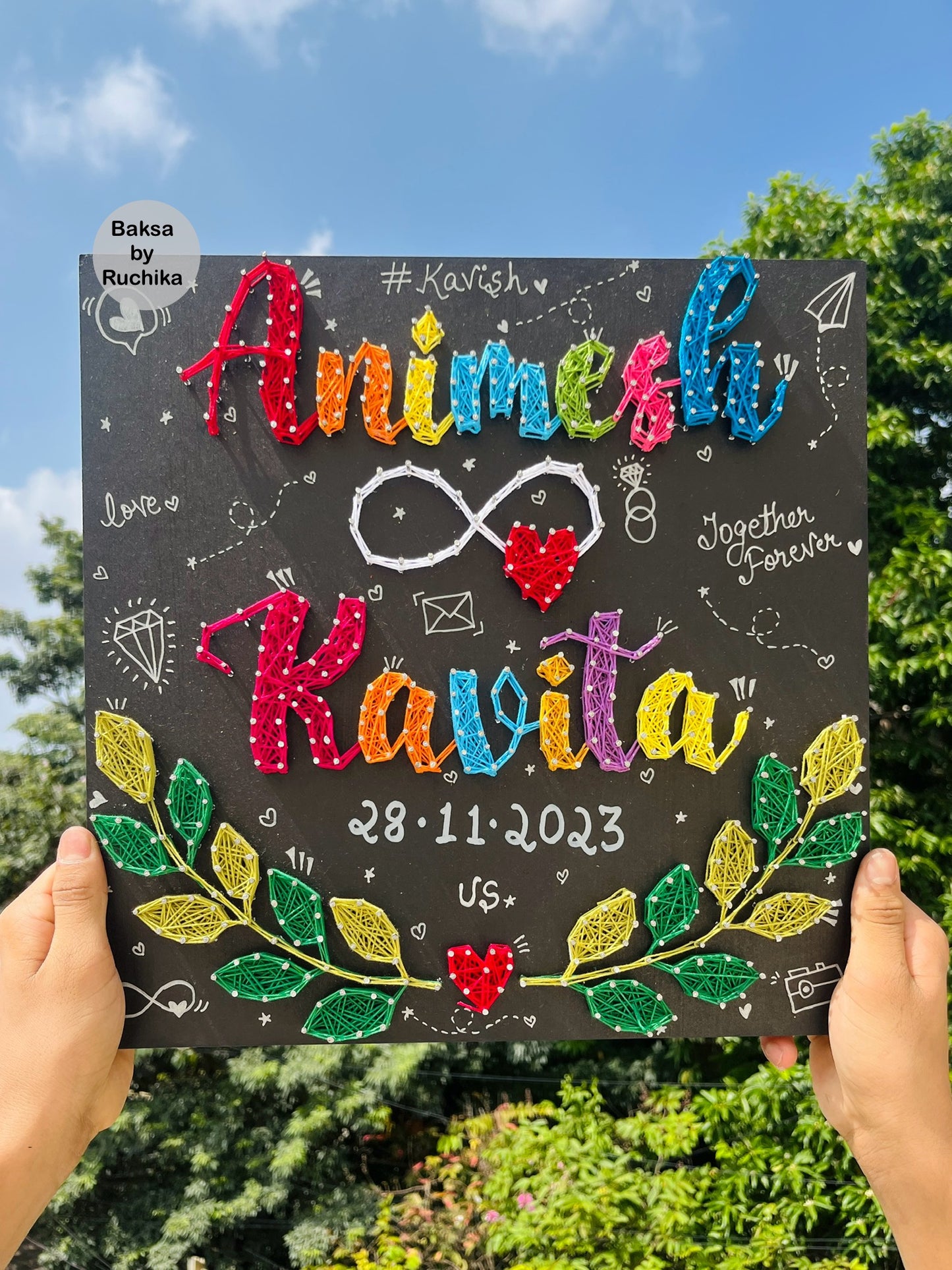 Customised Couple Names with Leaf Wreath String Art